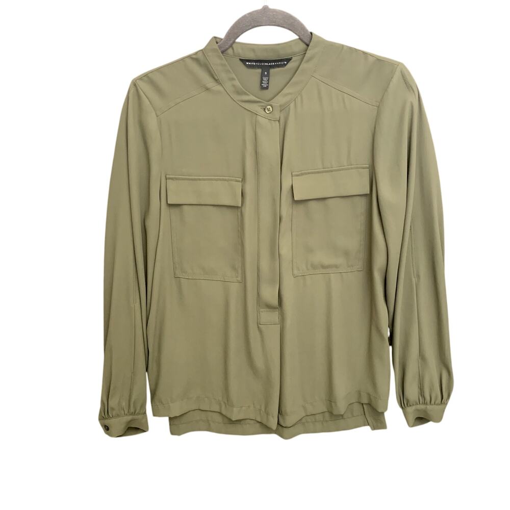 Long Sleeve Blouse WHBM 1/2 Button Front Olive Green Hi Low Hem Women's Size S